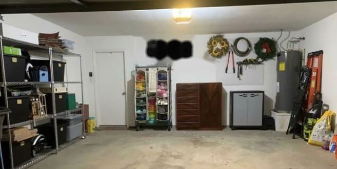 Same garage organized with shelving after reset